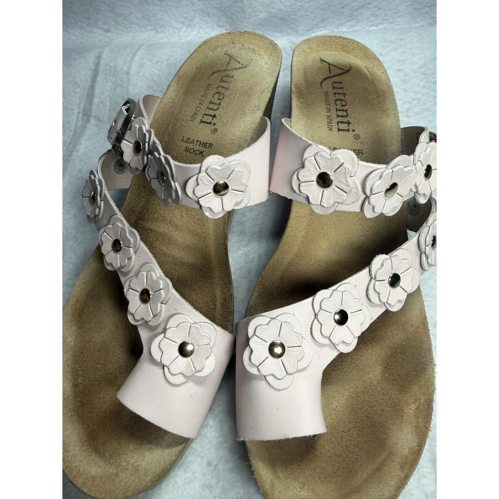 Autenti Spain Leather Floral Cork Wedge Sandals Womens EU 41/US 10 Pink Slip On